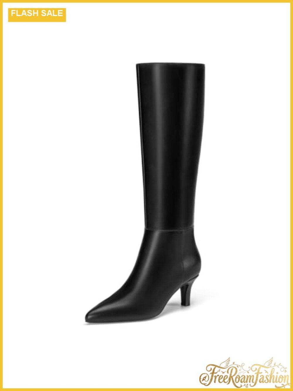 Kitten Heel Knee High Boots Faux Leather Pointed Toe Side Zipper
